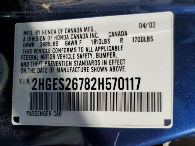 2HGES26782H570117 - 2002 HONDA CIVIC EX BLUE photo 12