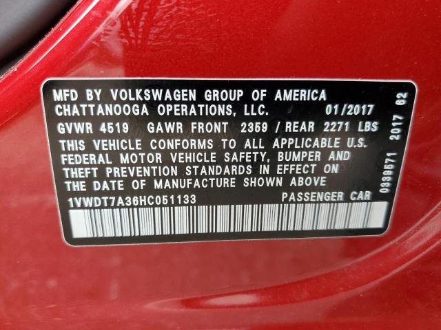 1VWDT7A36HC051133 - 2017 VOLKSWAGEN PASSAT R-LINE Qırmızı foto 12