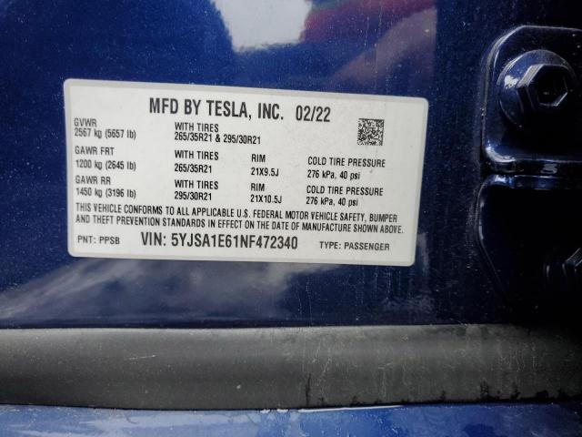 5YJSA1E61NF472340 - 2022 TESLA MODEL S Mavi foto 13
