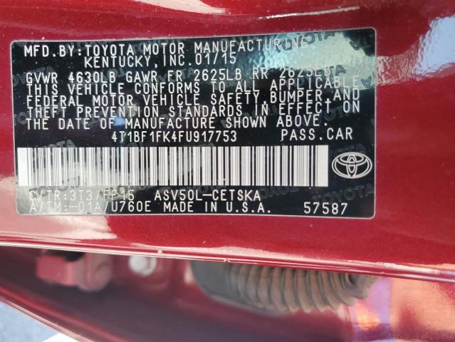 4T1BF1FK4FU917753 - 2015 TOYOTA CAMRY LE RED photo 12