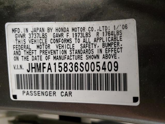 JHMFA15836S005409 - 2006 HONDA CIVIC EX GRAY photo 12