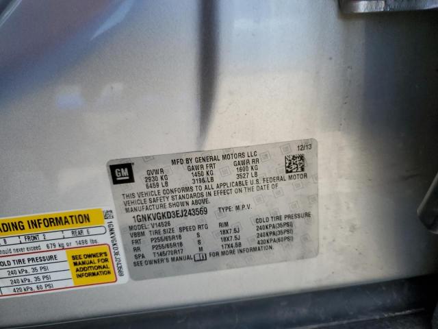 1GNKVGKD3EJ243569 - 2014 CHEVROLET TRAVERSE LT 银色 照片 13