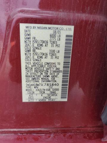 5N1AR18W75C785840 - 2005 NISSAN PATHFINDER LE BURGUNDY photo 13