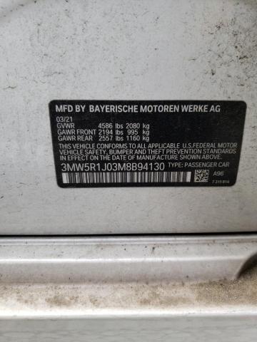 3MW5R1J03M8B94130 - 2021 BMW 330I WHITE photo 12