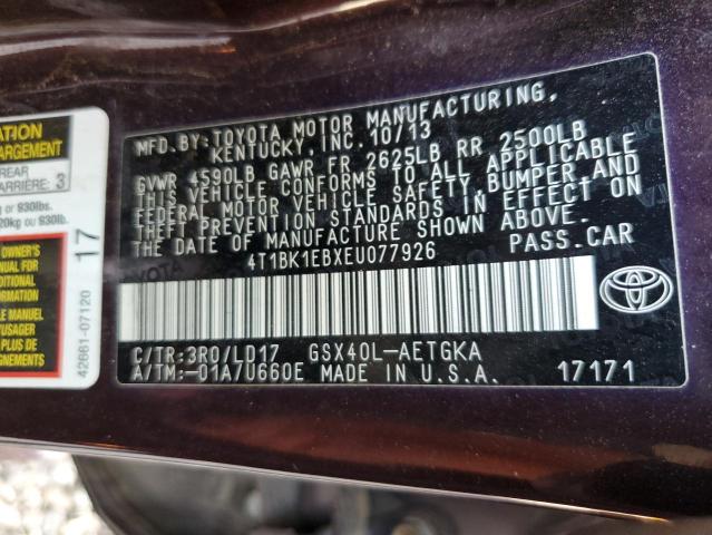 4T1BK1EBXEU077926 - 2014 TOYOTA AVALON BASE 栗色 照片 12