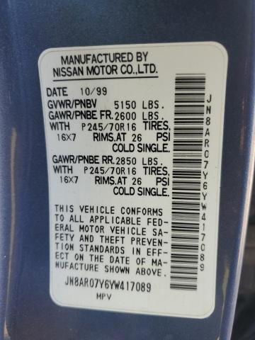 JN8AR07Y6YW417089 - 2000 NISSAN PATHFINDER LE BLUE photo 14