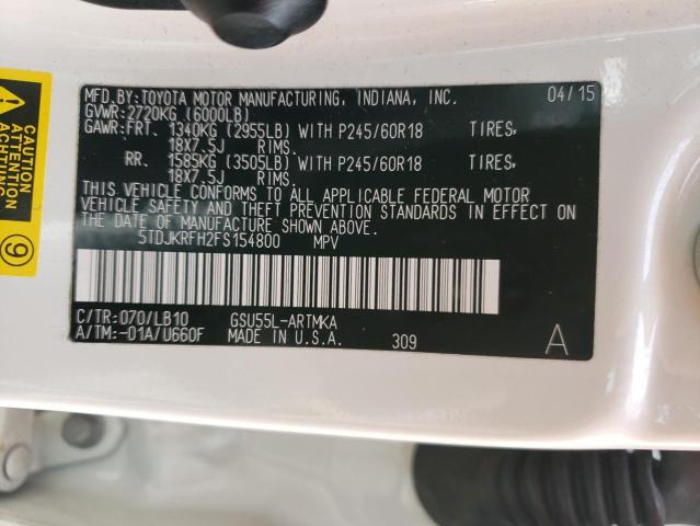 5TDJKRFH2FS154800 - 2015 TOYOTA HIGHLANDER XLE WHITE photo 14