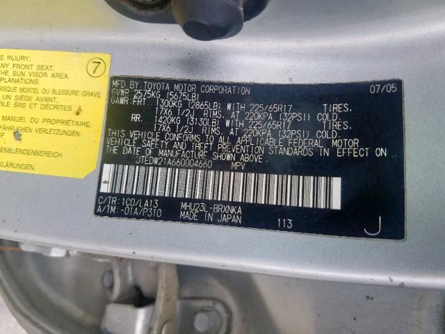 JTEDW21A660004660 - 2006 TOYOTA HIGHLANDER HYBRID  photo 10