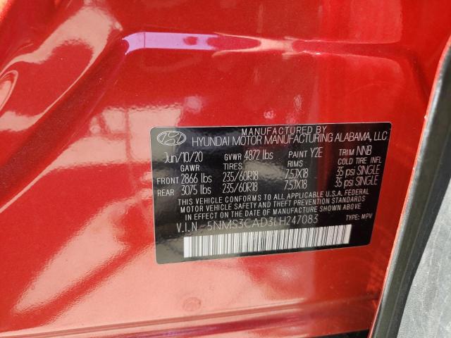 5NMS3CAD3LH247083 - 2020 HYUNDAI SANTA FE SEL RED photo 12