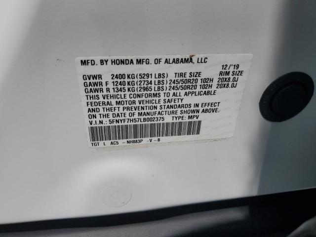 5FNYF7H57LB002375 - 2020 HONDA PASSPORT EXL WHITE photo 13