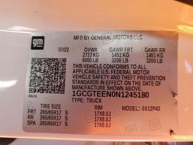 1GCGTEEN0N1245180 - 2022 CHEVROLET COLORADO ZR2 WHITE photo 12