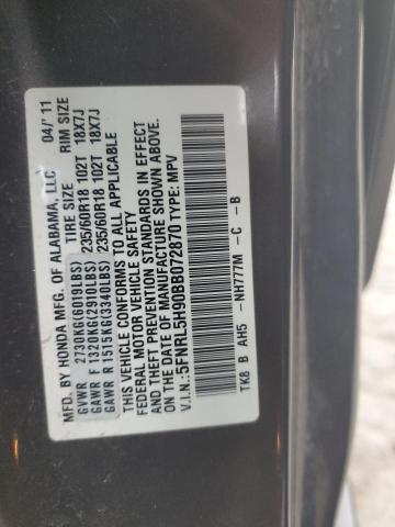 5FNRL5H90BB072870 - 2011 HONDA ODYSSEY TOURING GRAY photo 13