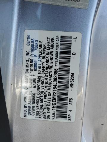 1HGEM22154L082356 - 2004 HONDA CIVIC DX VP SILVER photo 12
