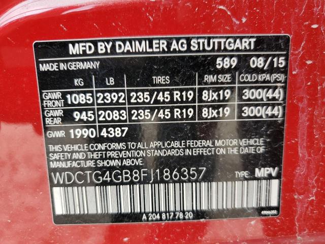 WDCTG4GB8FJ186357 - 2015 MERCEDES-BENZ GLA 250 4MATIC RED photo 12