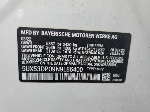 5UX53DP09N9L86400 - 2022 BMW X3 XDRIVE30I WHITE photo 14