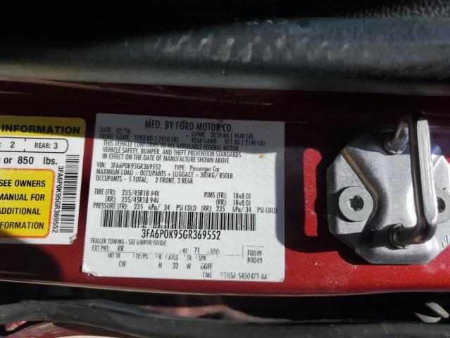 3FA6P0K95GR369552 - 2016 FORD FUSION TITANIUM RED photo 12