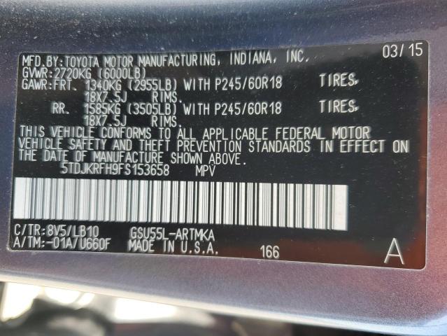 5TDJKRFH9FS153658 - 2015 TOYOTA HIGHLANDER XLE BLUE photo 13