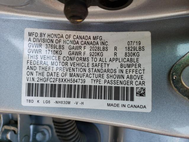 2HGFC2F8XKH584739 - 2019 HONDA CIVIC SPORT 灰色 照片 13