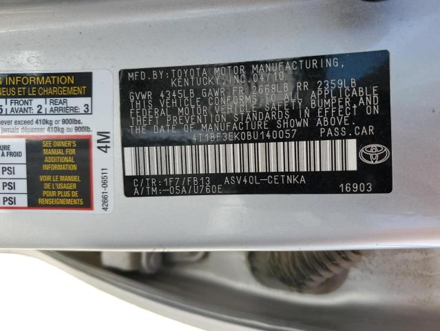 4T1BF3EK0BU140057 - 2011 TOYOTA CAMRY 4D 2 BASE SILVER photo 12