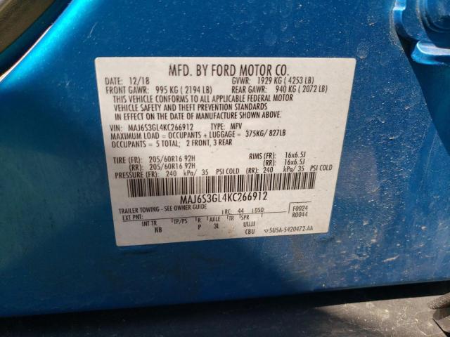 MAJ6S3GL4KC266912 - 2019 FORD ECOSPORT SE BLUE photo 12