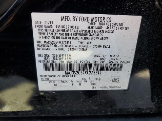 MAJ3S2GE4KC273311 - 2019 FORD ECOSPORT SE შავი ფოტო 12