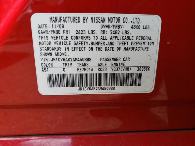 JN1CV6AR2AM450888 - 2010 INFINITI G37 RED photo 12