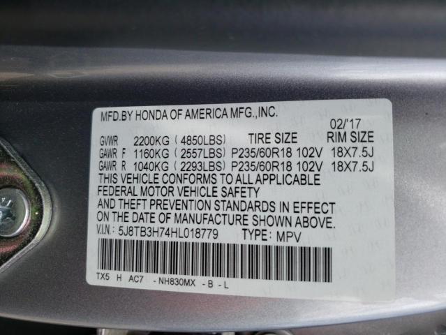 5J8TB3H74HL018779 - 2017 ACURA RDX ADVANCE SILVER photo 13