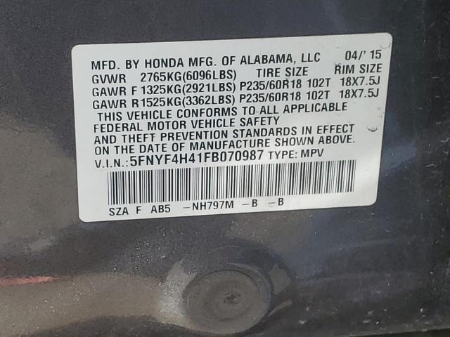 5FNYF4H41FB070987 - 2015 HONDA PILOT EX GRAY photo 13