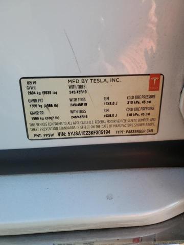 5YJSA1E23KF305194 - 2019 TESLA MODEL S WHITE photo 12