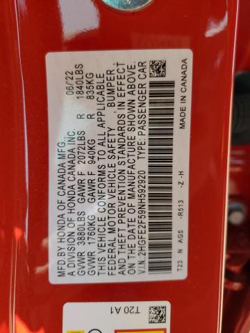 2HGFE2F59NH592920 - 2022 HONDA CIVIC SPORT 红色 照片 12