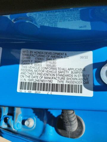 19XFL2H87NE017982 - 2022 HONDA CIVIC SPORT 蓝色 照片 12