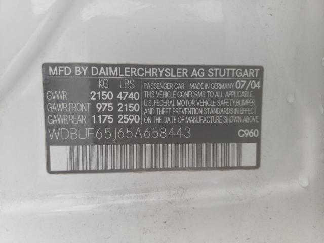 WDBUF65J65A658443 - 2005 MERCEDES-BENZ E 320 WHITE photo 10