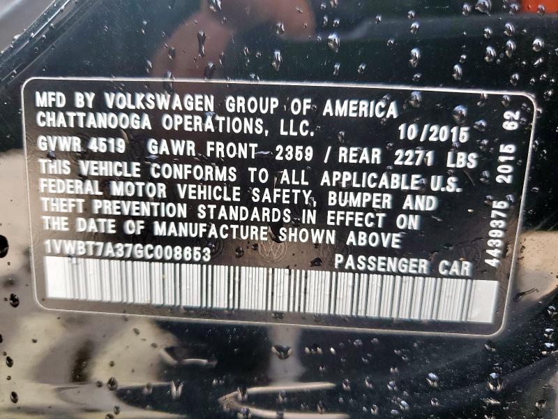 1VWBT7A37GC008653 - 2016 VOLKSWAGEN PASSAT SE BLACK photo 12