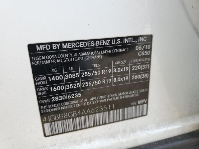 4JGBB8GB4AA623511 - 2010 MERCEDES-BENZ ML 350 4MATIC WHITE photo 13