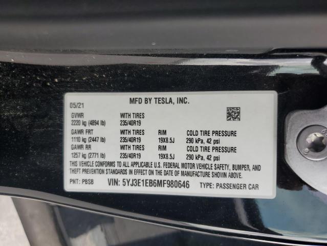 5YJ3E1EB6MF980646 - 2021 TESLA MODEL 3 Qara foto 12