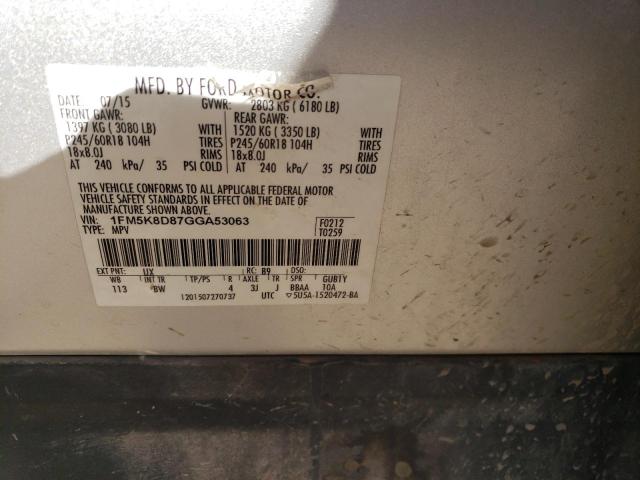 1FM5K8D87GGA53063 - 2016 FORD EXPLORER XLT SILVER photo 13