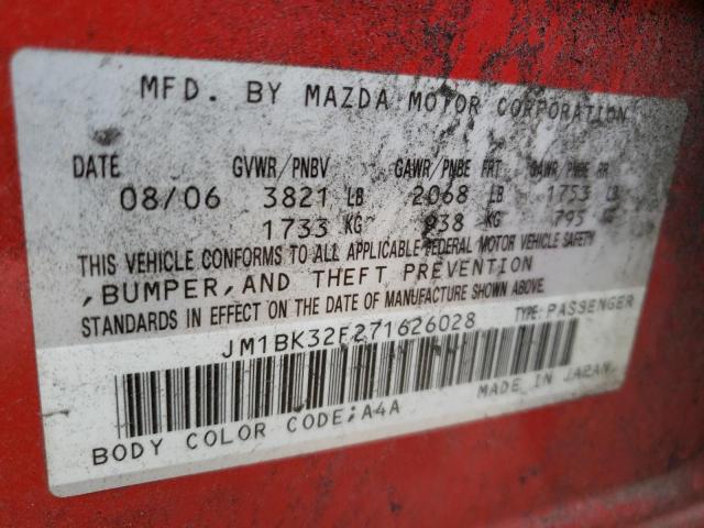 JM1BK32F271626028 - 2007 MAZDA 3 I RED photo 12