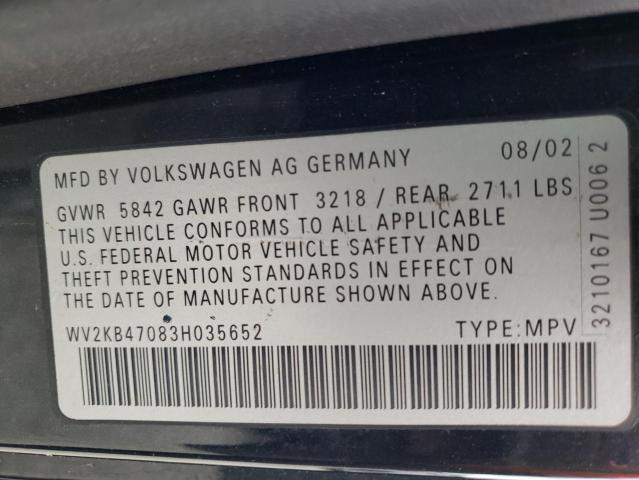 WV2KB47083H035652 - 2003 VOLKSWAGEN EUROVAN GLS BLACK photo 13