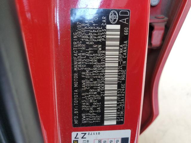 2T1KR30E58C697078 - 2008 TOYOTA COROLLA MA XR RED photo 12