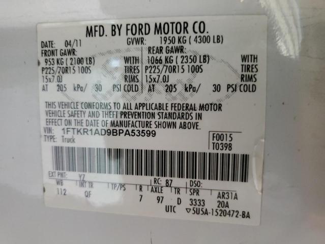 1FTKR1AD9BPA53599 - 2011 FORD RANGER WHITE photo 12