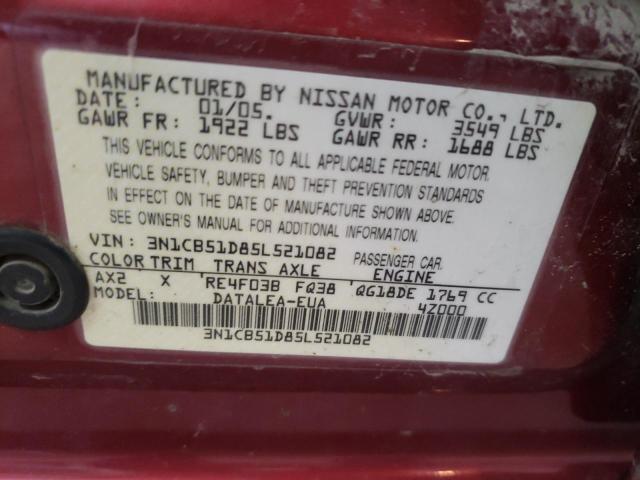 3N1CB51D85L521082 - 2005 NISSAN SENTRA 1.8 BURGUNDY photo 12