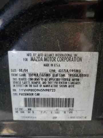 1YVHP80D945N98723 - 2004 MAZDA 6 S BLACK photo 12