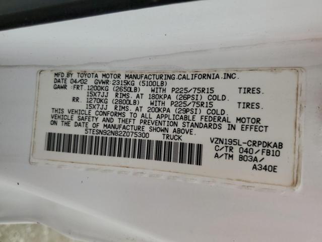 5TESN92N82Z075300 - 2002 TOYOTA TACOMA XTRACAB PRERUNNER თეთრი ფოტო 12