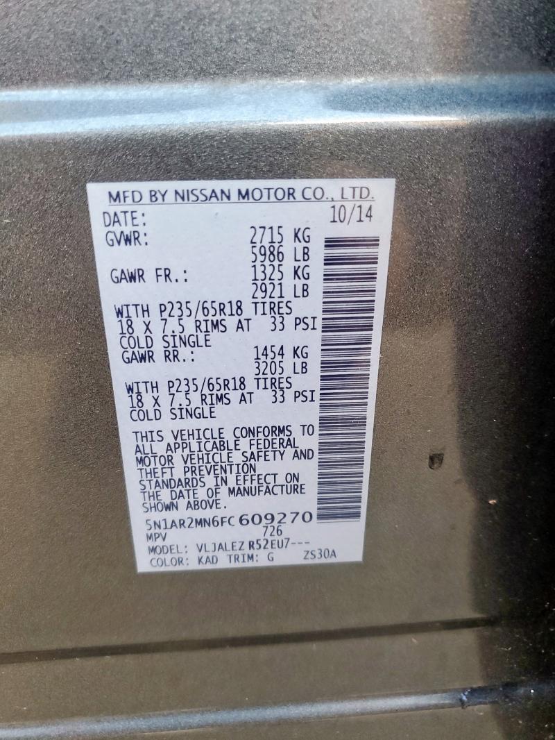 5N1AR2MN6FC609270 - 2015 NISSAN PATHFINDER S GRAY photo 13