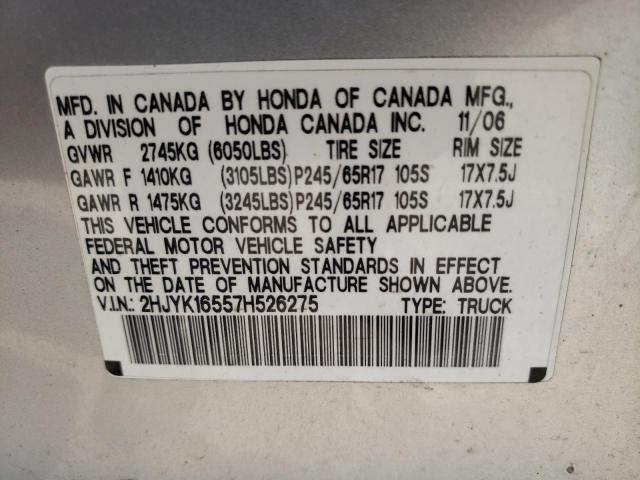 2HJYK16557H526275 - 2007 HONDA RIDGELINE RTL SILVER photo 12