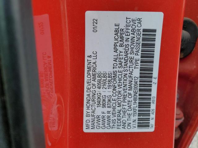 19XFL1H80NE009412 - 2022 HONDA CIVIC SPORT TOURING RED photo 12