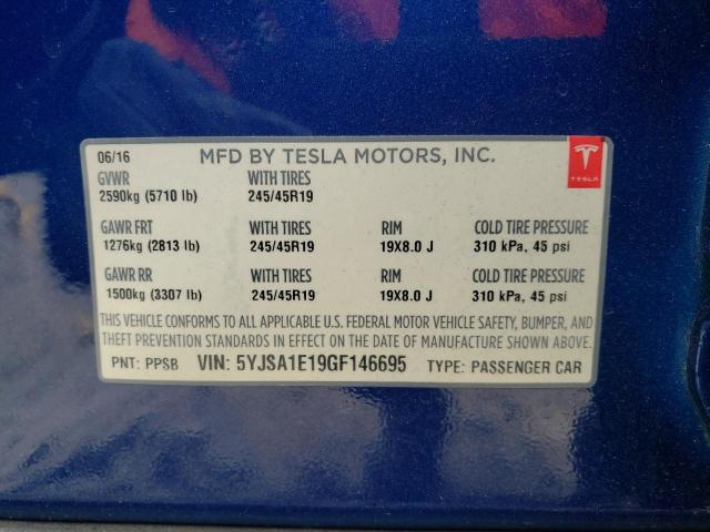 5YJSA1E19GF146695 - 2016 TESLA MODEL S Mavi foto 12