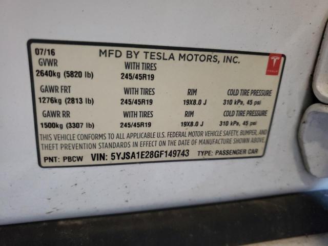 5YJSA1E28GF149743 - 2016 TESLA MODEL S თეთრი ფოტო 14