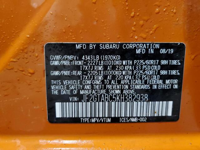 JF2GTABC5KH382938 - 2019 SUBARU CROSSTREK ნარინჯისფერი ფოტო 13