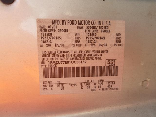 1FMZU77E01UC33162 - 2001 FORD EXPLORER S SILVER photo 10